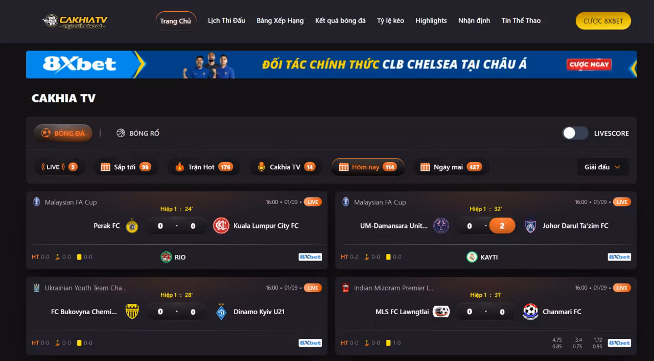 Giao diện website Cakhia TV nhìn chuyên nghiệp và dễ theo dõi